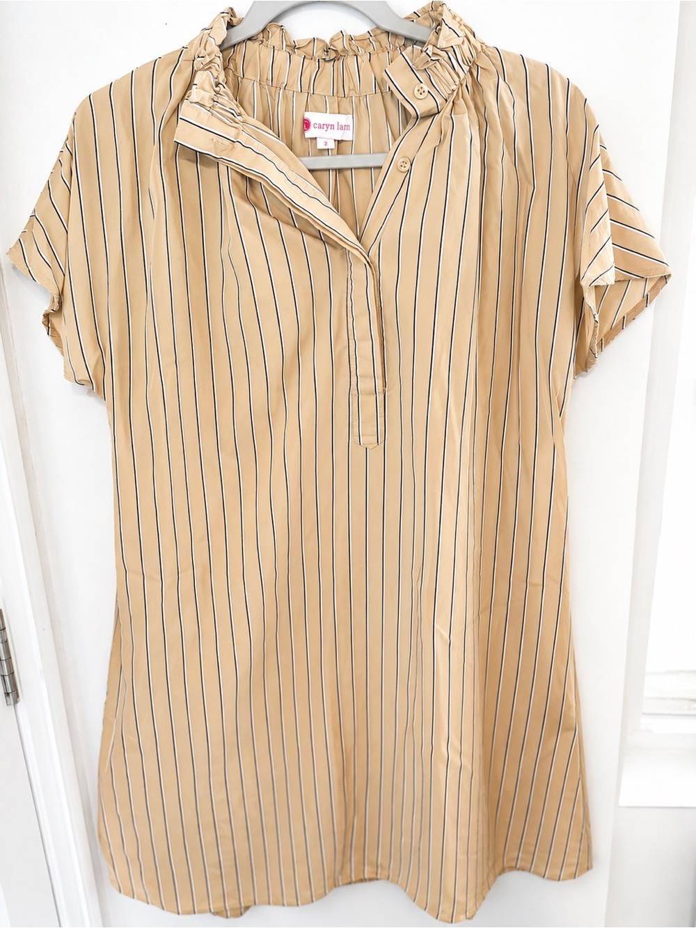 Caryn Lawn Tan Striped Short-Sleeve Dress